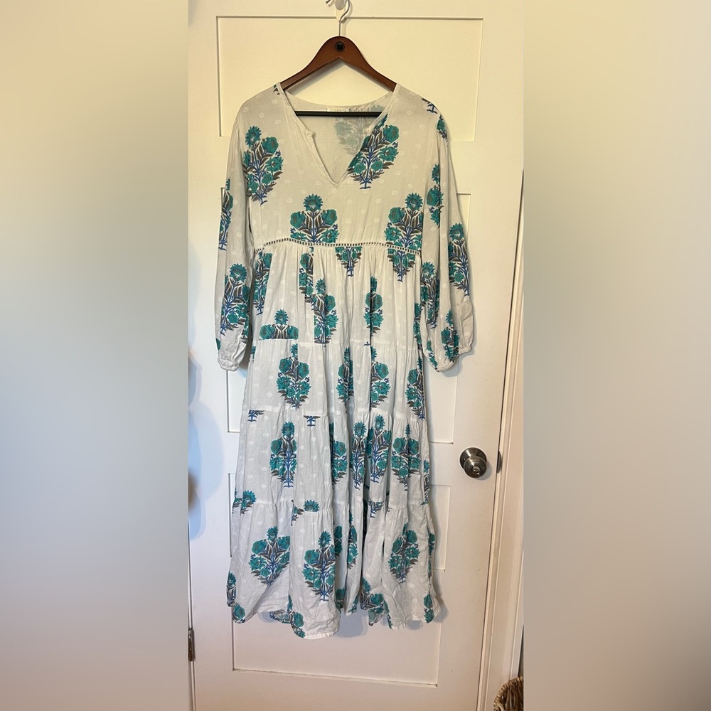Women’s Floral Tiered Midi Dress - Teal on White